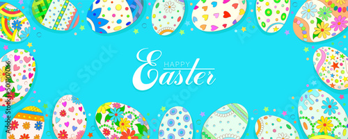 Happy Easter banner with stylized eggs on a blue background. Banner for wite with decorative easter elements