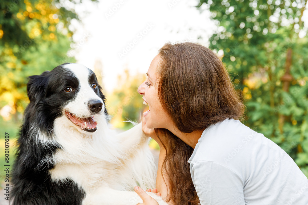Smiling young attractive woman playing with cute puppy dog border collie on summer outdoor background. Girl holding embracing hugging dog friend. Pet care and animals concept Smiling young attractive woman playing with cute puppy dog border collie on summer outdoor background. Girl holding embracing hugging dog friend. Pet care and animals concept