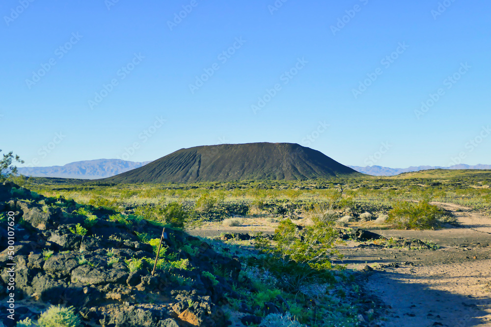 The Amboy Crater, formed of ash and cinders, near Amboy along the historic Route 66 in the Mojave Desert, California, USA. Green desert after winter rains.
