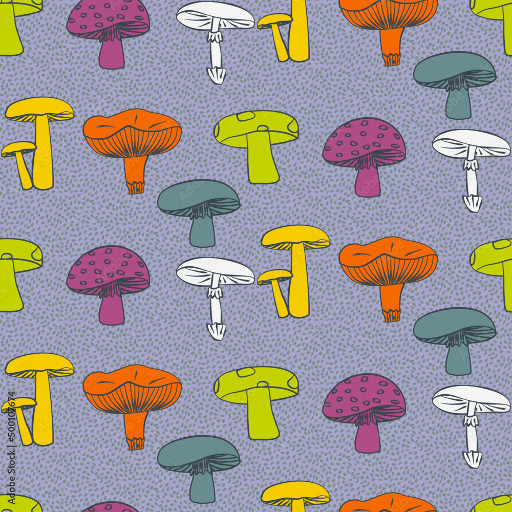 Vector seamless half-drop pattern, with mushrooms Vector seamless half-drop pattern, with mushrooms