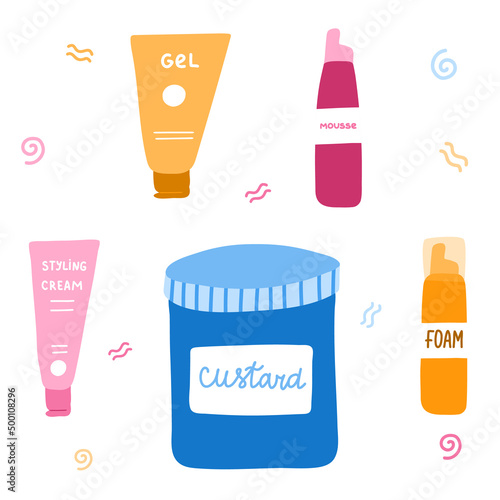 Set with cosmetic products for Curly Girl Method. Beauty bottles for styling kinky, frizz hair. Right cosmetics for healthy treatment of curly, wave hair. Cute and bright clipart. Hand drawn vector.