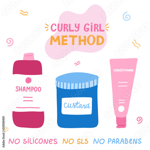 Set with cosmetic products for Curly Girl Method. Beauty bottles for cleansing, conditioning, styling kinky, frizz hair. Right cosmetics for healthy curly, wave hair. Cute clipart. Hand drawn vector.