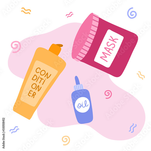 Set with cosmetic products for Curly Girl Method. Beauty bottles for cleansing, conditioning, styling kinky, frizz hair. Right cosmetics for healthy curly, wave hair. Cute clipart. Hand drawn vector.
