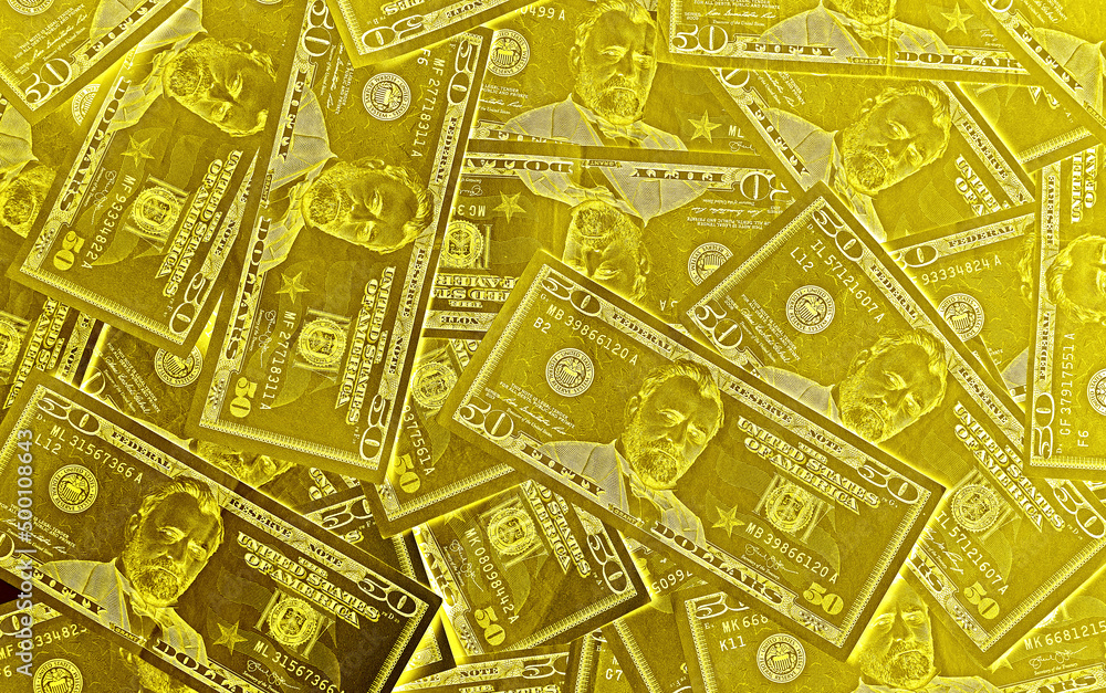 Obraz premium Pop art surreal style metallic gold colored heap of United States fifty dollar ($50) bills with selective focus