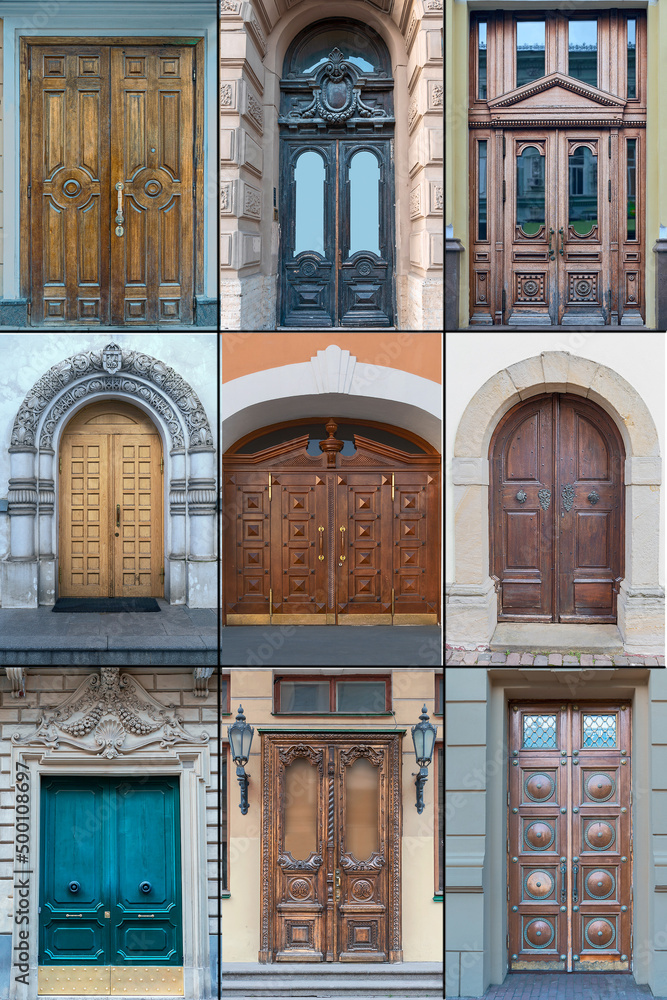 nine wooden doors with beautiful paneled finishes in the historical part of different cities around the world