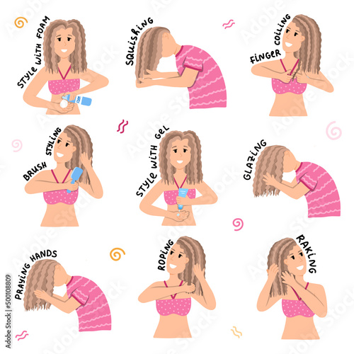 Design concept with different ways for putting styling products for Curly Girl Method. Women and girls style curly, wavy and frizzy hair using fingers, brush, gel, foam, hands. Curly hair routine.