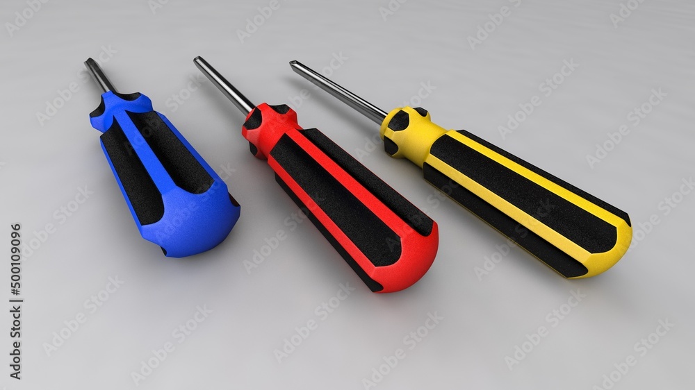 3d illustration. A beautiful view of yellow, red and blue screwdriver on a gray blackground. Work tool for repair and fix. 3d illustration. A beautiful view of yellow, red and blue screwdriver on a gray blackground. Work tool for repair and fix.