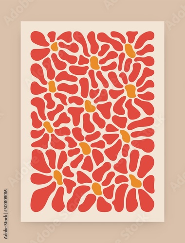 Modern botanical poster. Abstract blossom print template, naive art. Trendy contemporary hand drawn floral elements. Vector illustration