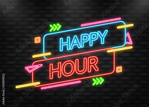Neon Icon. Banner happy hour on dark background. Elegant design. Sale banner. Vector illustration.