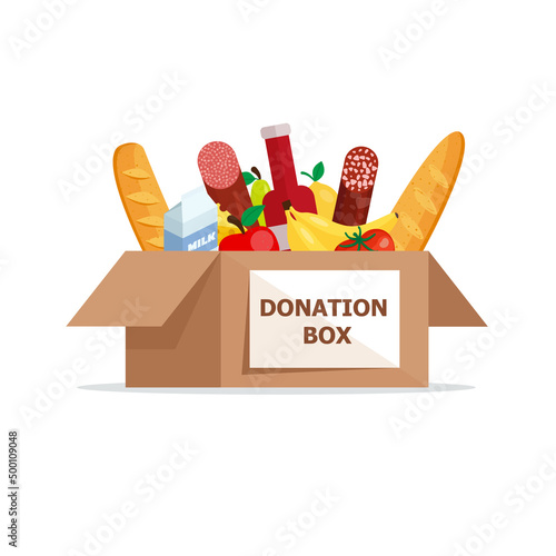 Food and grocery donation concept. Charity, food donation for needy people. Volunteering donate with nutrition products. Vector flat illustration .