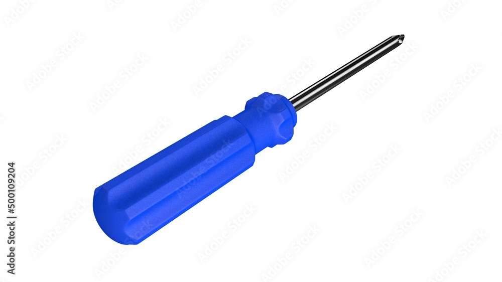 3d illustration. A beautiful view of blue screwdriver on a white blackground. Work tool for repair and fix. 3d illustration. A beautiful view of blue screwdriver on a white blackground. Work tool for repair and fix.