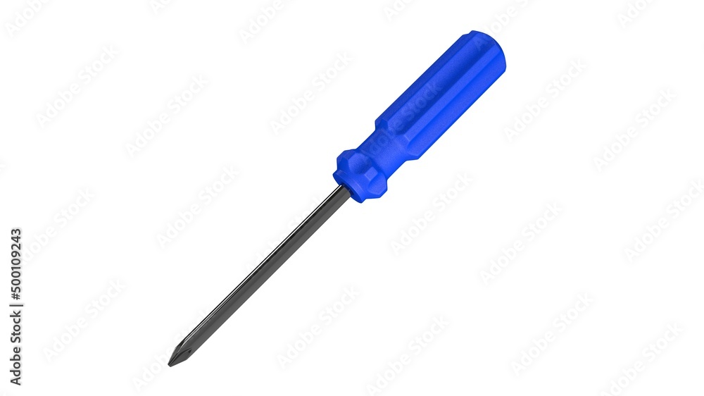 3d illustration. A beautiful view of blue screwdriver on a white blackground. Work tool for repair and fix. 3d illustration. A beautiful view of blue screwdriver on a white blackground. Work tool for repair and fix.