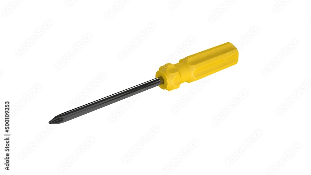 3d illustration. A beautiful view of yellow screwdriver on a white blackground. Work tool for repair and fix. 3d illustration. A beautiful view of yellow screwdriver on a white blackground. Work tool for repair and fix.