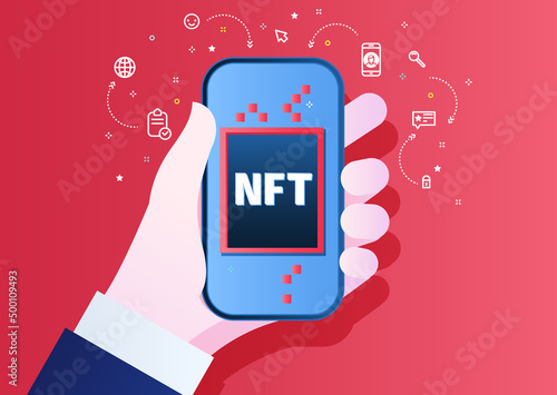 NFT nonfungible token text on screen of the phone on red background. Pay for unique collectibles in games or art. For banner or news.