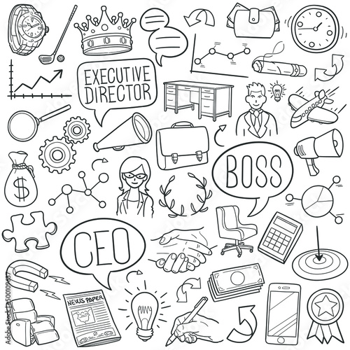 Boss Doodle Icons. Hand Made Line Art. Ceo Clipart Logotype Symbol Design.