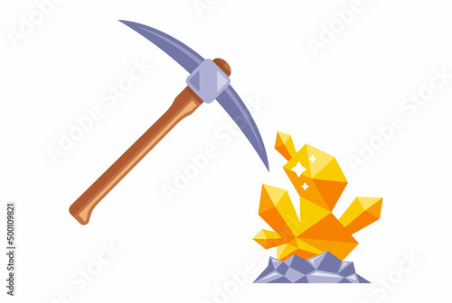 mining for gold underground. find a precious nugget. work with a pickaxe in the mine. flat vector illustration.