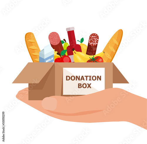 Food and grocery donation concept. Charity, food donation for needy people. Volunteering donate with nutrition products. Vector flat illustration .