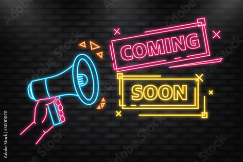 Neon Icon. Coming soon megaphone yellow banner in 3D style on white background. Vector illustration