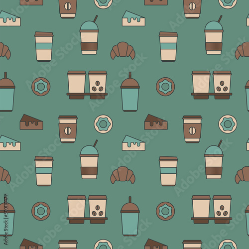 Seamless texture from coffee cups, donuts and croissants, pattern, abstract background, wallpaper