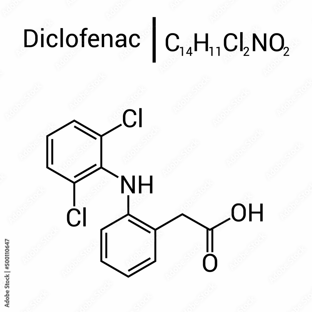 chemical structure of Diclofenac (C14H11Cl2NO2) chemical structure of Diclofenac (C14H11Cl2NO2)