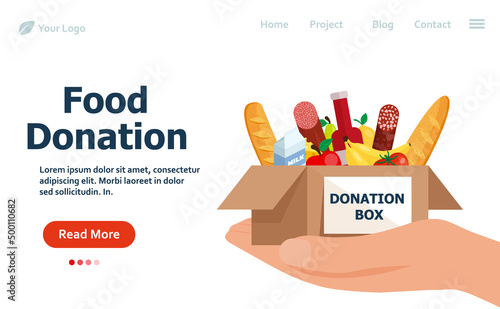 Food and grocery donation concept. Charity, food donation for needy people. Volunteering donate with nutrition products. Vector web banner.