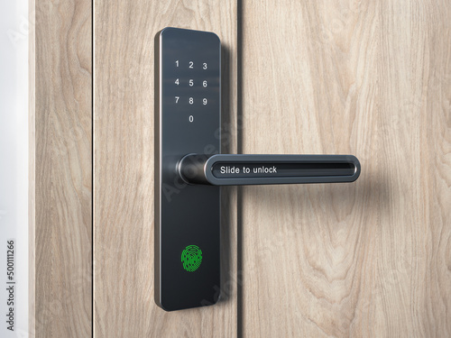 Wood door with touch screen keypad and fingerprint, smart lock key less access