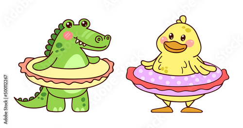 Kawaii duck and crocodile. Cute animals in an inflatable circle. Set of vector illustrations isolated on white background.