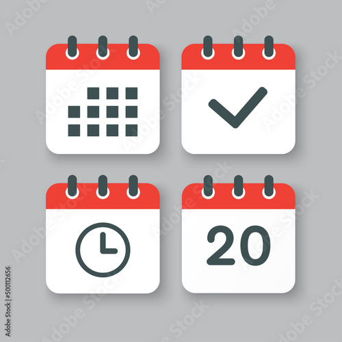 Icons calendar number 20, agenda app, timer, done