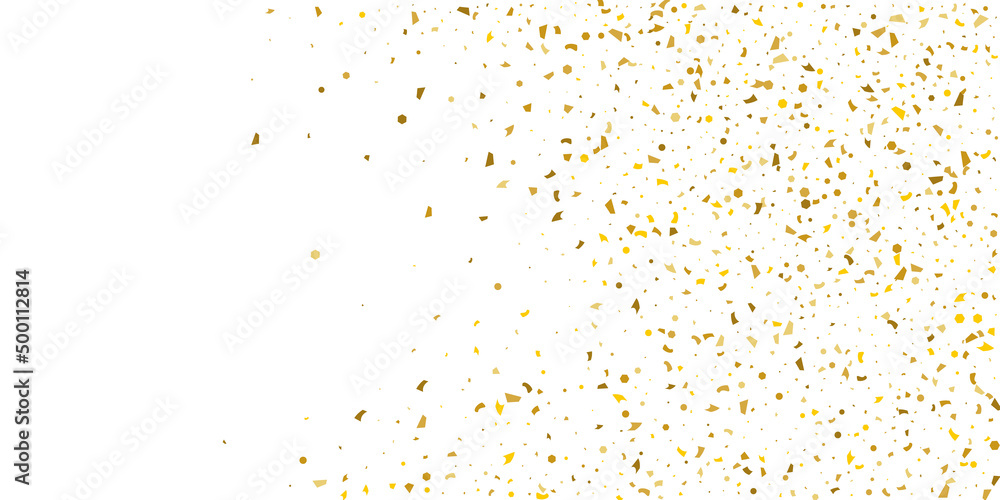 Golden glitter confetti on a white background. Illustration of a drop of shiny particles. Decorative element. Luxury background for your design, cards, invitations, gift, vip.