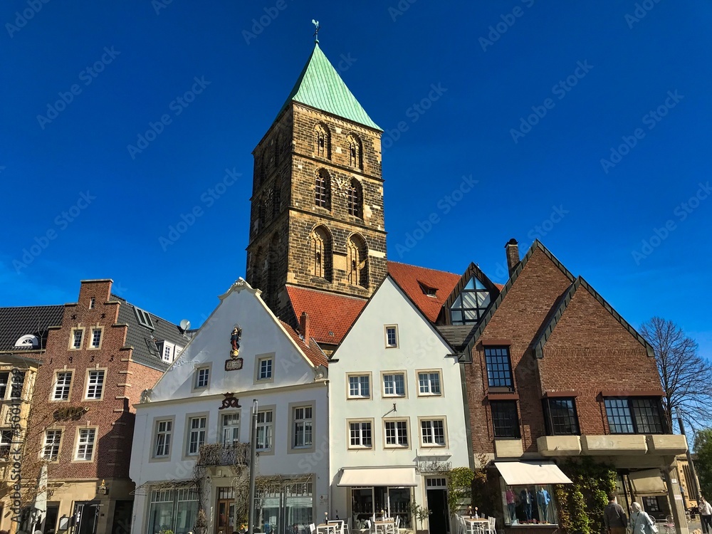Fototapeta premium The historical city center of Rheine with its famous market place and St. Dionysius city church