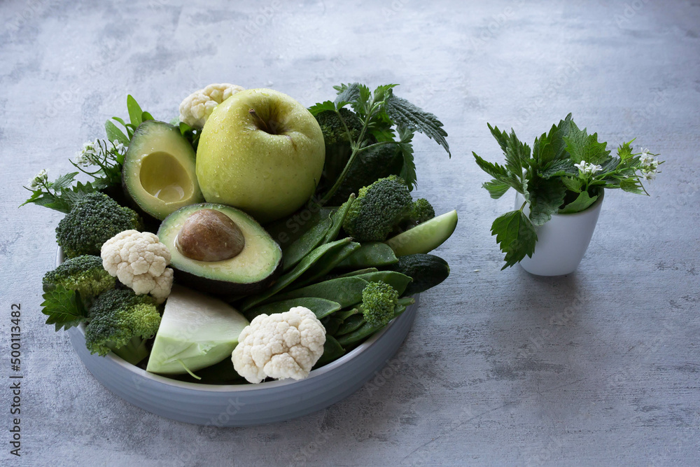 Green vegetables and fresh fruits containing vitamin K. Foods rich in vitamin K, minerals and