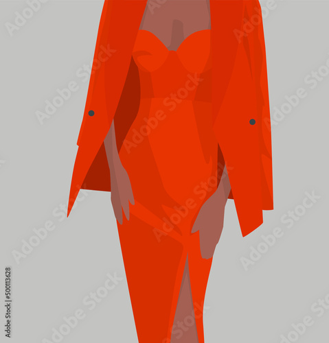 Charming girl in an orange suit. Vector flat image of a girl in a sexy dress with a decollete and a jacket. Design for postcards, avatars, posters, backgrounds, templates, textiles.