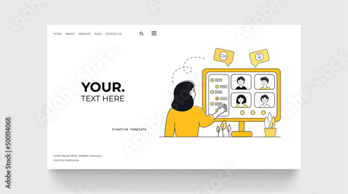 Video conference landing page. Online business chat with partners