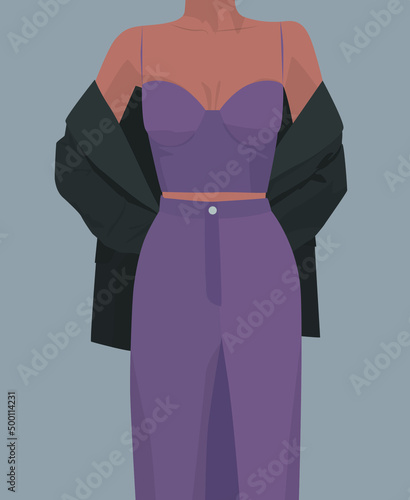 Vector flat image of an attractive girl in a suit. Girl in top, skirt and jacket. Design for avatars, posters, backgrounds, templates, textiles, cards, t-shirts.