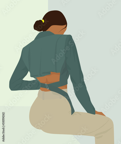 Vector flat image of a girl in a jacket, pants and brown hair. Charming young girl view from the back. Design for postcards, avatars, posters, backgrounds, templates, textiles.