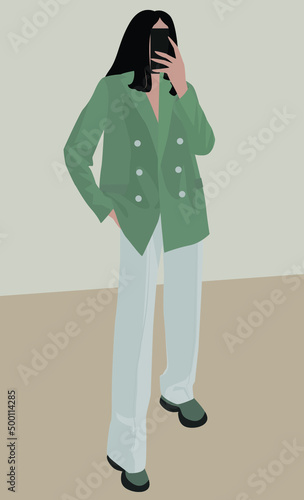 A young girl in a suit on a light background with a phone. Vector flat image of a girl in a turquoise jacket and light pants. Design for postcards, posters, backgrounds, templates, textiles, avatars.