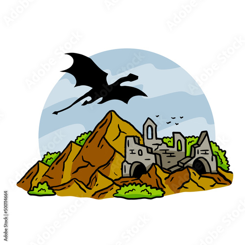Magic tower in mountains. Medieval fortress or castle. Illustration for fairy tale and book. Outline cartoon design