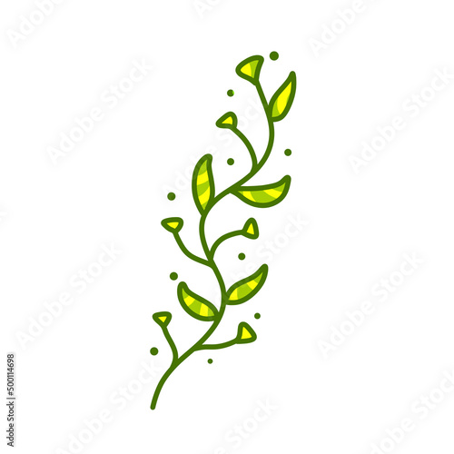 Branch with green leaves. Plant and part of tree. Flat cartoon illustration isolated on white. Symbol of freshness
