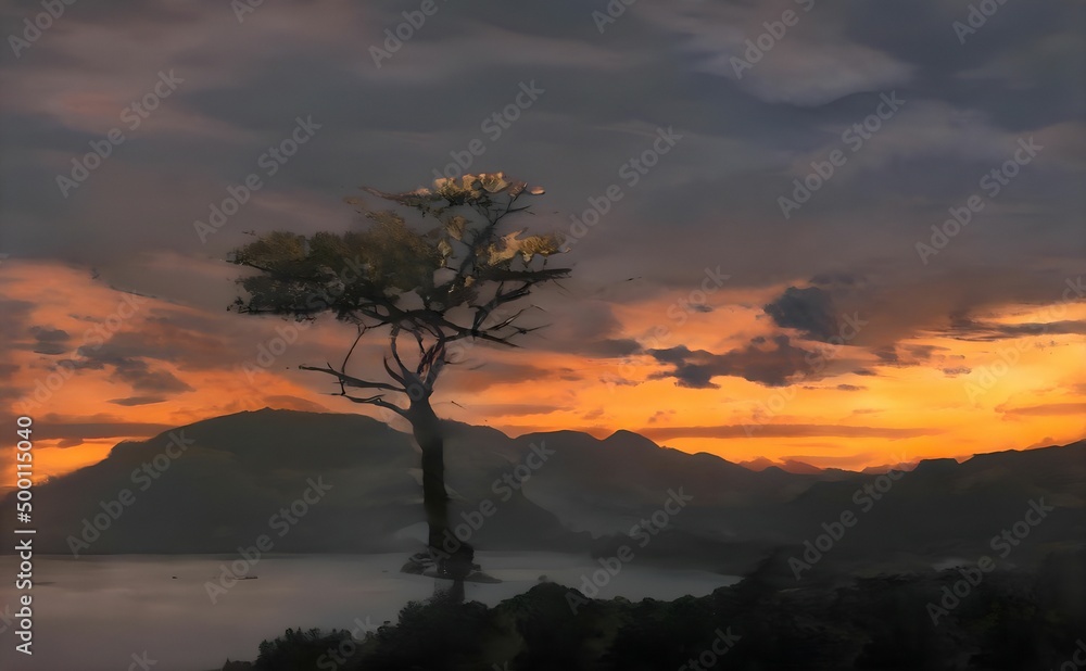 a painting of a lone tree on the shore at sunset