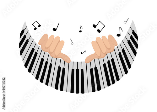  Hands and keys of the piano  musical instrument. Playing the piano. Music performance  notes and signs. Icon  sign. Vector illustration.
