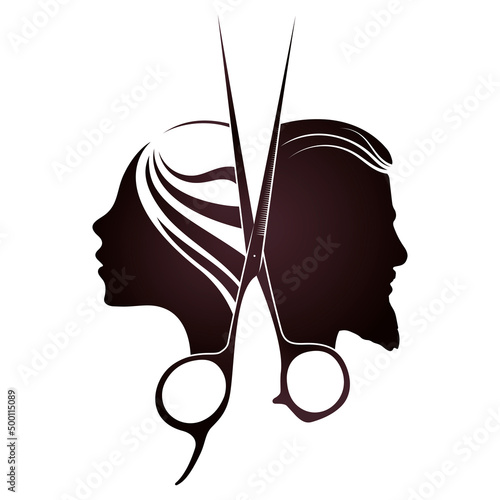 Female and male silhouette with scissors stylist silhouette. Symbol for beauty and hair salon