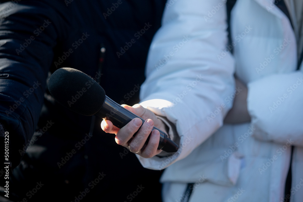 Interviewing business man on press conference Interviewing business man on press conference