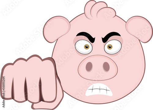 Vector illustration of a cartoon pig face with an angry expression and giving a fist bump