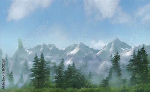 a misty mountain range with trees in the foreground