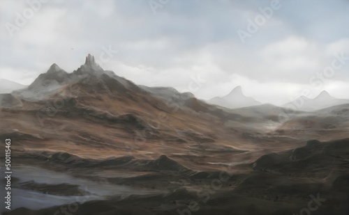 a view of a mountain range with a foggy sky