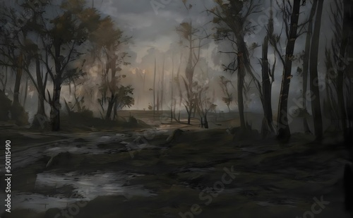 a painting of a forest in the dark with trees and a stream