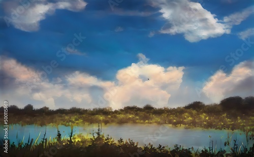 a painting of a pond on a cloudy day