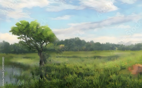 an oil painting of a lone tree in a lush green meadow