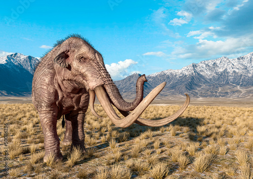 mammoth is looking to the side in the plains and mountains with copy space