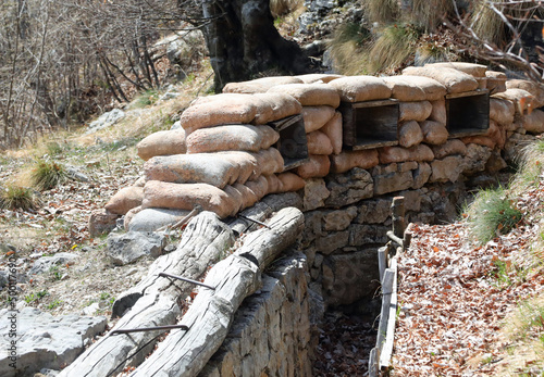 sandbags for the protection of the trenches dug into the rock by the soldiers of the army during the war